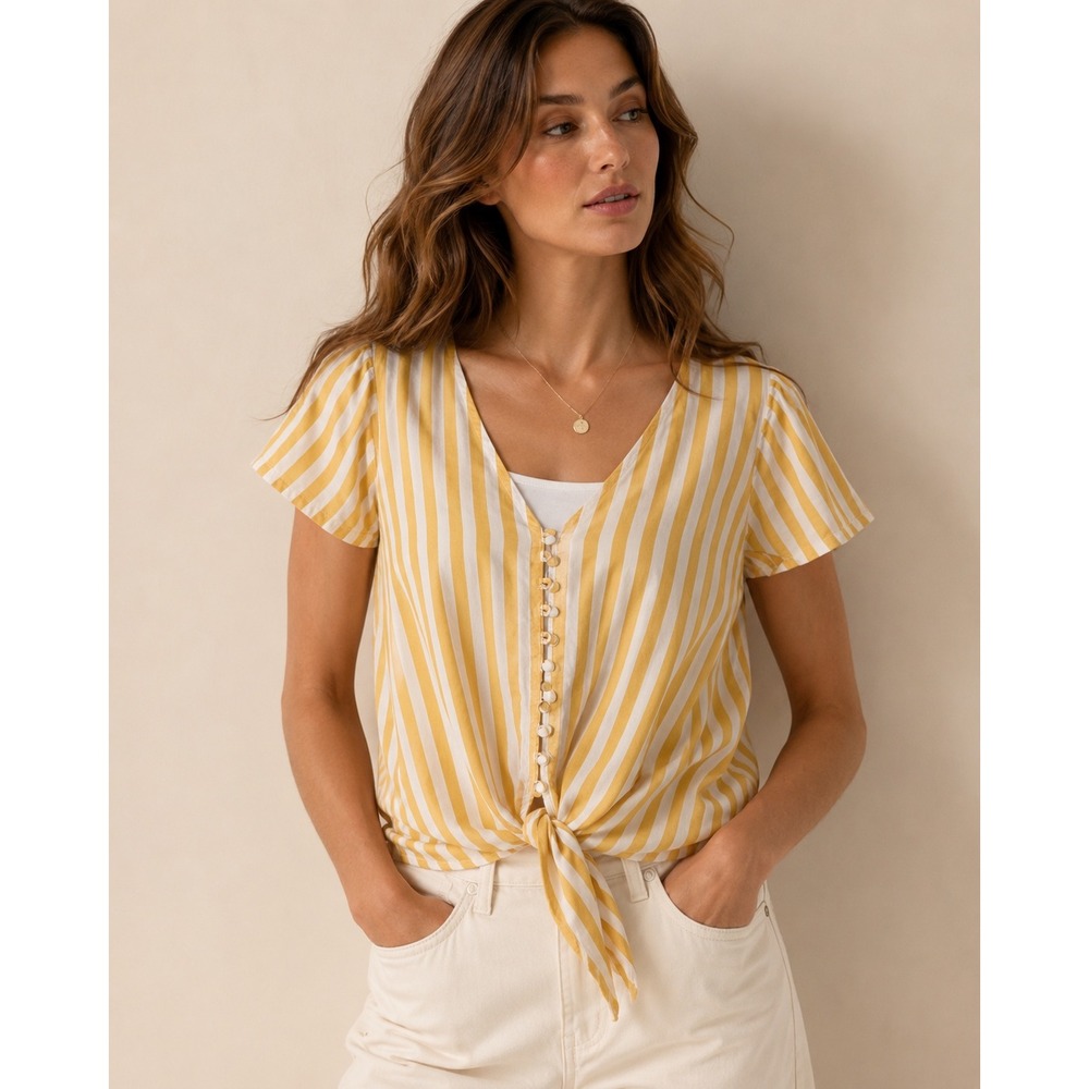 Madewell Yellow White Striped Button Front Tie Hem‎ Cotton Blouse XXS